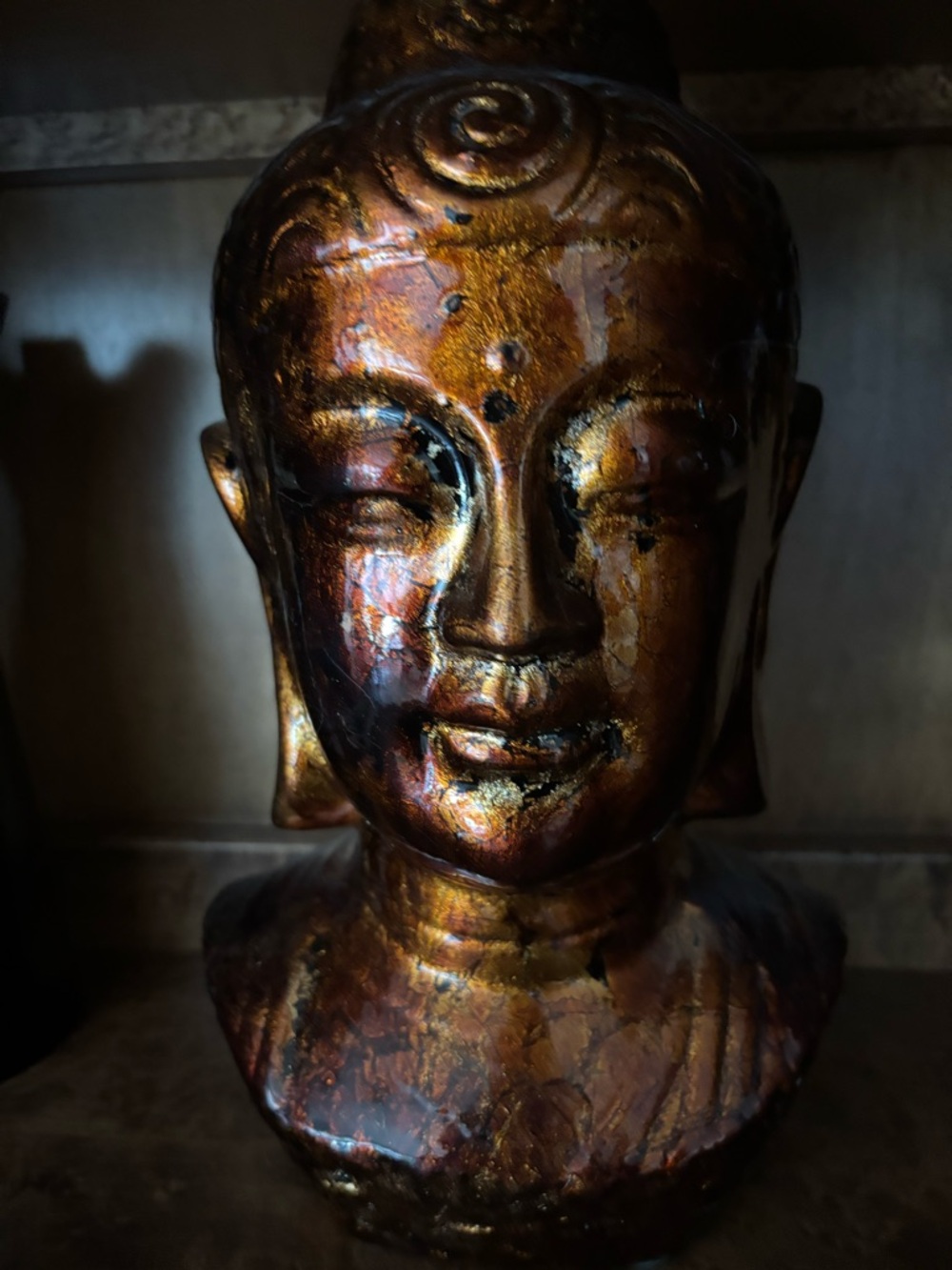 Gold-Tone Buddha Head Sculpture - Decorative Home Art